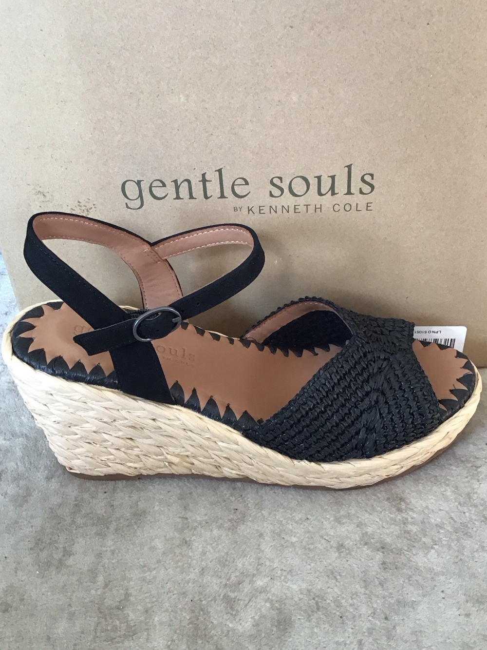 gentle souls Nomi Raffia Black Woven Espadrille Wedge Sandals